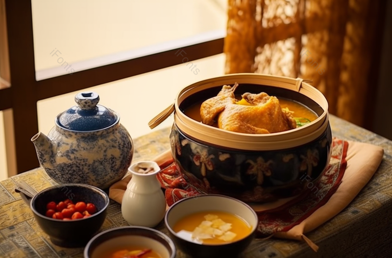 中华美食砂锅茶叶鸡和桂花酒静物,高清,摄影图,摄影图片,图片大全,摄影图免费下载